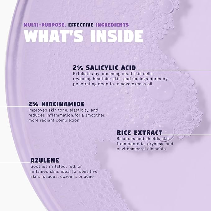 Violet Aura - 2% BHA Exfoliating Toner with Salicylic Acid for Sensitive Skin. Gentle, Hydrating Formula. 2% Niacinamide, Rice Extract & Azulene. Glass Skin, Smoother Texture & Barrier Support