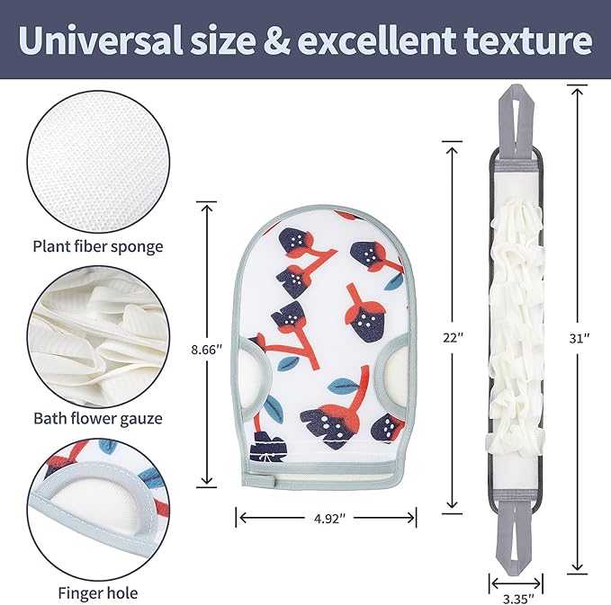 Deep Exfoliating Mitt 2PCS: Double-Sided Glove for Shower, with Long Exfoliating Shower Towel - Extreme Body & Back Scrubber Exfoliator, Body Massage Scrub & Bath Shower Loofah Washcloth (Blue)