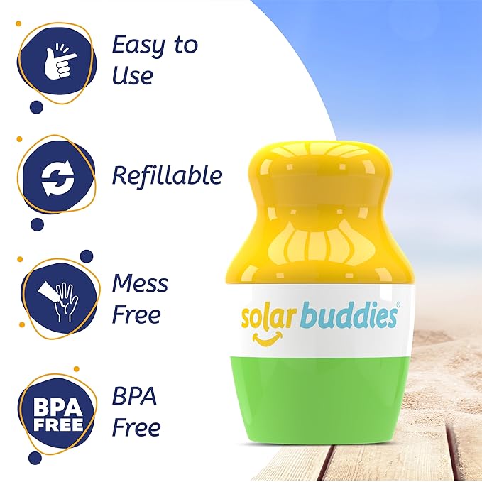 Solar Buddies Sunscreen Applicator - Green Pack of 4 - BPA-Free Refillable Roll on Sponge Sunscreen, Suncream & Lotion Applicator For Kids, Adults & Families - Holds 3.4fl oz, Perfect Size for Travel