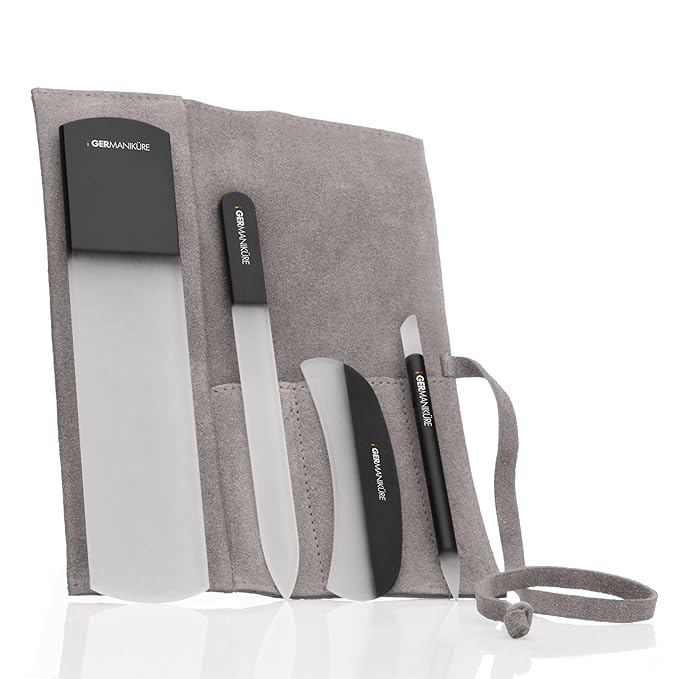 4pcs Manicure Set Genuine Czech Crystal Black Glass Nail File Moon File Manicure Stick Pedicure Foot Care Bar in Beige Suede by GERmanikure