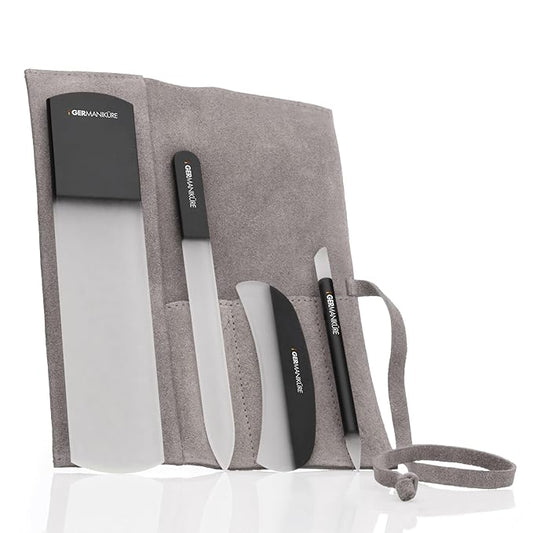 4pcs Manicure Set Genuine Czech Crystal Black Glass Nail File Moon File Manicure Stick Pedicure Foot Care Bar in Beige Suede by GERmanikure