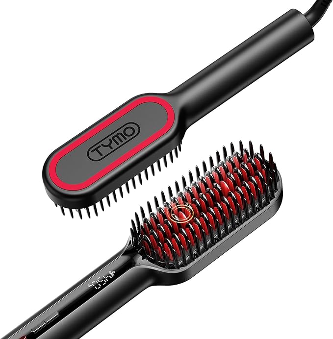 TYMO Hair Straightener Brush - Upgraded Ionic Compact Straightening Brush for Women with Wave-Design Bristles, Fast, Smooth Styling, Lightweight Hot Comb & Travel Flat Iron, 1 Billion Ions, Black