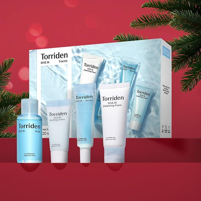 Torriden DIVE IN Trial Kit | Hyaluronic Acid Infused Daily Skincare Kit - 4 Step Regimen with Foam Cleanser, Facial Toner, Serum, and Cream | Travel Essential | Holiday Gift Stocking Stuffer