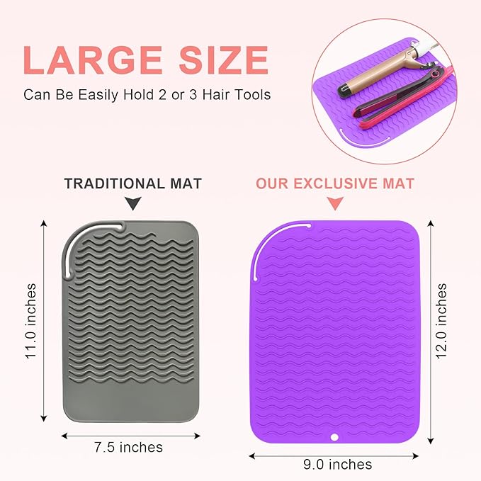 Plus Size Silicone Heat Resistant Mat, Portable Travel Hot Tools Pad Cover for Curling Iron, Flat Iron, Hair Straightener and Other Hair Styling Tools(12.0" x 9.0")