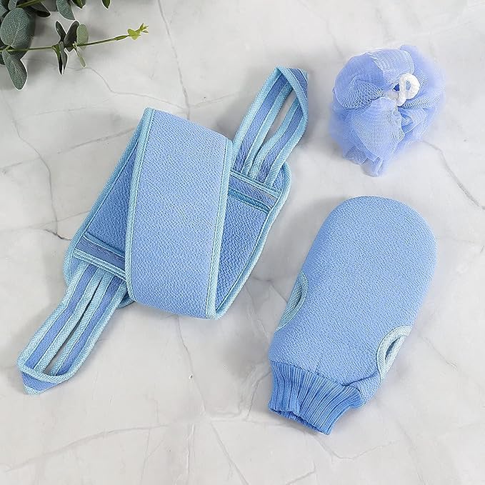 3 Pcs Exfoliating Back Scrubber for Shower, Exfoliating Gloves and Loofah Sponge Set, Body Scrubber Body Brush Set for Men and Women, Deep Clean and Massage Your Body (1 Set, Blue)