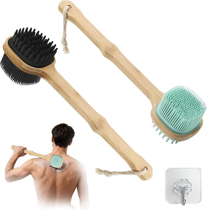 Silicone Back Scrubber for Shower, 2 PCS Silicone Bath Body Brush Loofah with Long Handle, Dual-Sided Shower Brush for Body, Exfoliating Body Scrubber Back Washer for Men Women(Lake Blue +Black)