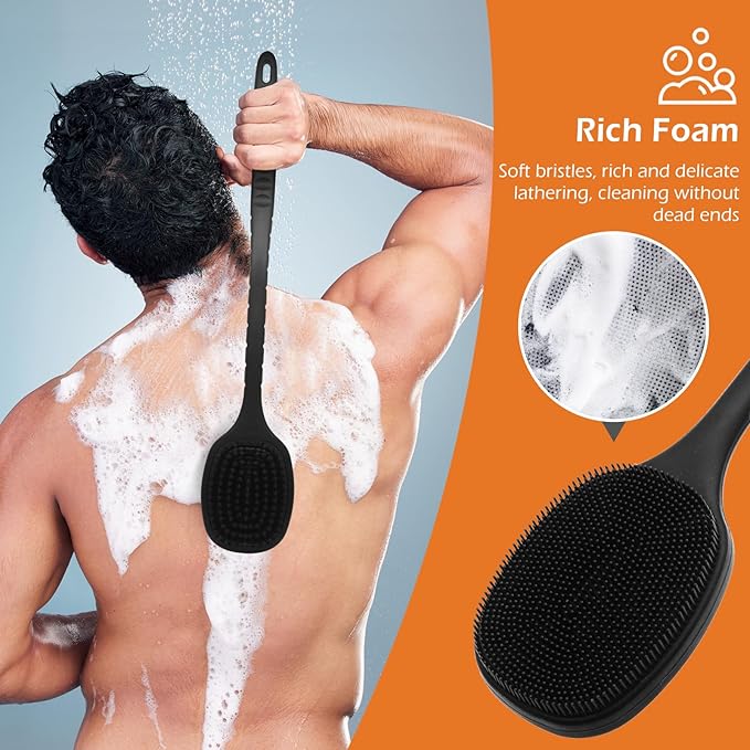 Back Scrubber for Shower, New Update Double Sided Body Scrub Brush Long Handle with Soft Silicone Bristles and Stiff Nylon Bristles for Shower Exfoliating and Massage Can Produce More Rich Foam