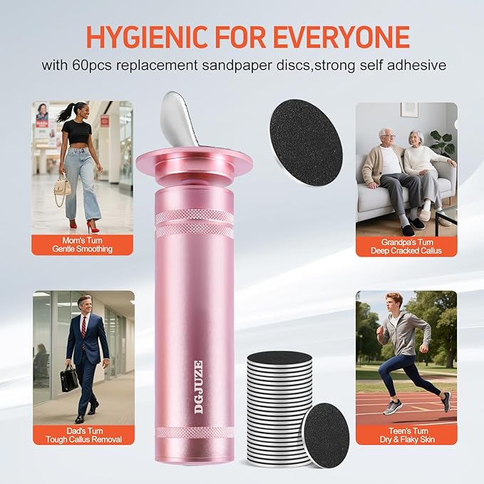 PowerPro Electric Foot Callus Remover 36W Professional 1200rpm Adjustable Speed Metal Feet Grinder Automatic Heel Sander with 60pcs Replacement Sandpaper Discs for Home Use (Pink)