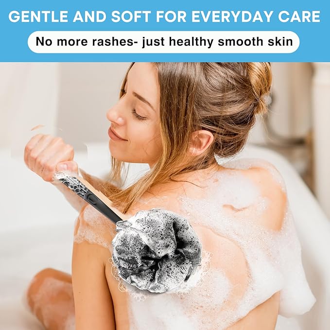Loofah with Handle & Shower Brush Charcoal 2 Pack- Back Scrubber for Shower for Men & Women, Body Brush Ideal for Exfoliation, Back Loofah for Shower with Bath Brush, Long Handle for Shower Back Brush