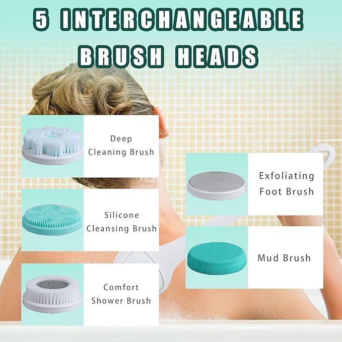 Electric Body Scrubber for Shower - Rechargeable Waterproof Exfoliating Brush with 5 Replaceable Brush Heads, Deep Cleansing & Massage, Ideal for Sensitive Skin & Back Cleanser