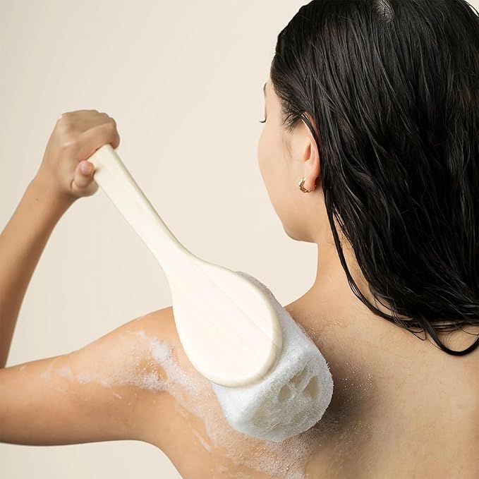 EcoTools Loofah Bath Brush with Long, Ergonomic Bamboo Handle + Green Delicate EcoPouf Made with Recycled Netting for Cleansing & Exfoliating Sensitive Skin, Self-Care Gifts