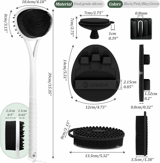 Silicone Back Body Face Scrubbers Set 4PCS, 15.35’’ Back Scrubber Soft Body Scrubber for Dual-Side Usage, Easy-to-Hold Soft Bath Glove & Face Scrubber for Good Foaming Deep Cleaning(Black)