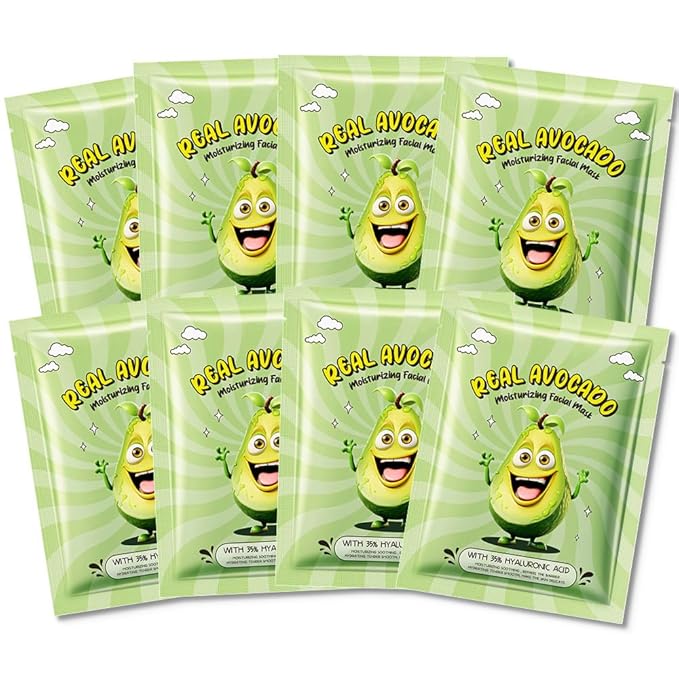 8 PCS Real Hydrating Nature Face Masks Skincare, Hyaluronic Acid, Vitamin C and E, Chamomile, Korean Beauty Essence Facial Paper Sheet Mask for Skin Care Moisturizing (Avocado)
