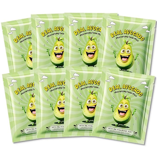 8 PCS Real Hydrating Nature Face Masks Skincare, Hyaluronic Acid, Vitamin C and E, Chamomile, Korean Beauty Essence Facial Paper Sheet Mask for Skin Care Moisturizing (Avocado)