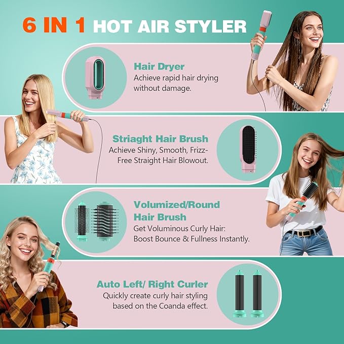 Blow Dryer Brush 6-in-1, Professional Hot Air Styler with Negative Ion, 110000RPM High-Speed Auto-Curlers Hair Styler-Fast Drying, Hot Air Brushes for Curling Volumizing Straightening No Heat Damage