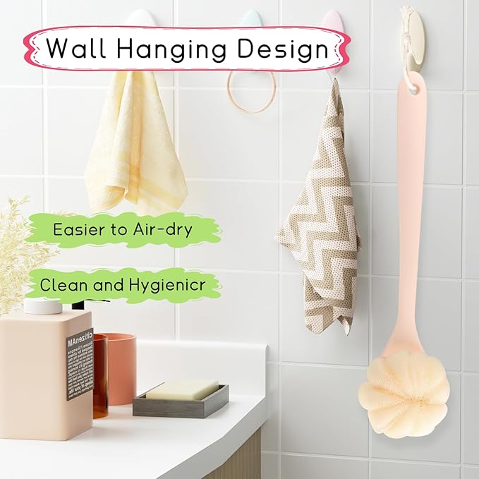 1-Pack Pink Double Sided Bath Brush with Soft Bristles and Loofah,Long Handle Back Scrubber,Exfoliating Back Shower Brush for Women and Men