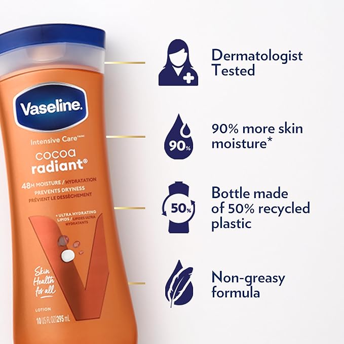 Vaseline Cocoa Radiant 2-Pack – Intensive Care Moisturizing Hand and Body Lotion with Ultra-Hydrating Lipids, Pure Cocoa Butter, 10 Oz Ea