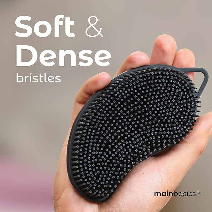 MainBasics Silicone Body Scrubber – Dual-Sided Shower Exfoliator for Men & Women, Gentle Silicone Loofah Alternative for Deep Clean (Black, Exfoliate)