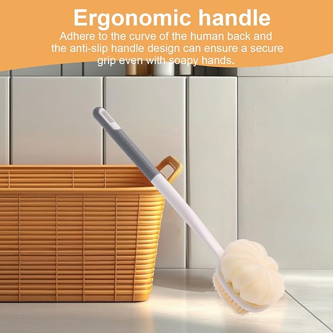 Long Handled Shower Brush for Cleaning Body,Double-Sided Bath Brush for Massage with Bristles and Loofah,Body Brush Exfoliator Mesh Sponge for Women and Men(Gray)
