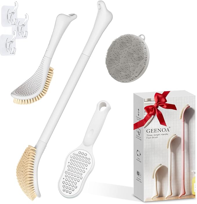 Foot Brush/Foot File/Silicone Body Scrubber Set(3PCS), 3-in-1 Foot Scrubber with Long Handle, 10.2’’-27.5’’Adjustable Foot Scrub Brush with Foot File and Silicone Loofah, Gift-Box(White Set)