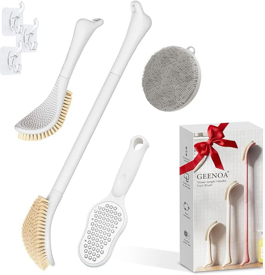 Foot Brush/Foot File/Silicone Body Scrubber Set(3PCS), 3-in-1 Foot Scrubber with Long Handle, 10.2’’-27.5’’Adjustable Foot Scrub Brush with Foot File and Silicone Loofah, Gift-Box(White Set)