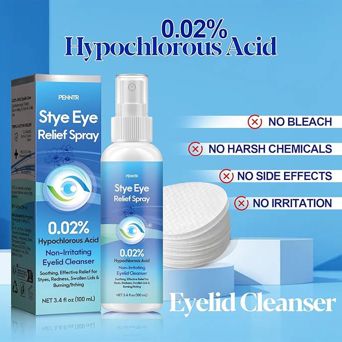 Stye Eye Drops, Relief Spray for Styes, Chalazions & Redness, Eye Serum with 0.02% Hypochlorous Acid, Gentle Formula and Quickly Soothing, 3.4 Fl. Oz (1 PC)