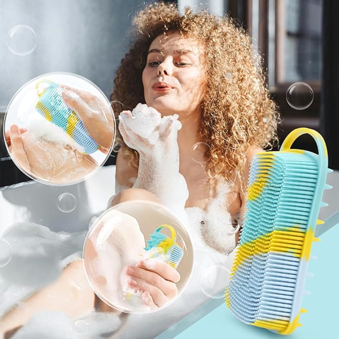 Silicone Body Scrubber, 2 in 1 Soft Silicone Loofah 2 Pack Exfoliating Body Scrubber Loofah for Women Men,Body Scrubber Shower Bath Shampoo Brush with Loop for Sensitive Skin Lather Well,Purple&Yellow