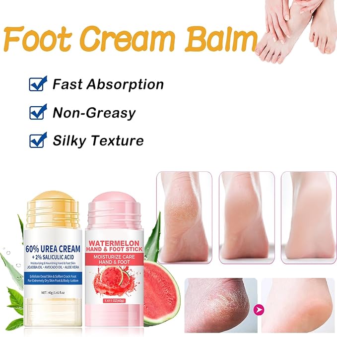 Moisturizing Foot Cream,Cracked Heel Repair Balm Stick,Urea and Watermelon Scent,2Pack-Intensive Foot Repair,Foot Balm Hydrates Dry,Cracked Feet,Hand