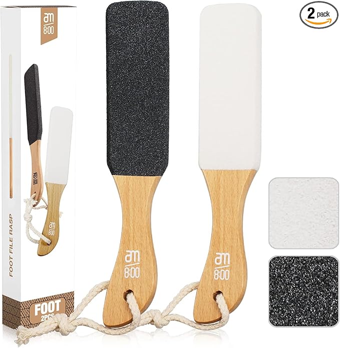 AM 8:00Pumice Stone Foot File, 2 Pack Callus Remover (coarse/fine) for Feet with Wooden Handle, Pedicure Foot Scrubber to Remove Dead Skin, Dry, Rough, Corns Skin Scraper
