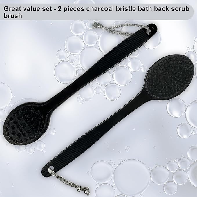 Back Bath Brush - Curved Long Handle Shower Brush with Medium Stiff Charcoal Bristles for Cleaning and Exfoliating Body, Back Scrubber for Men & Women (Black 2 Pack)