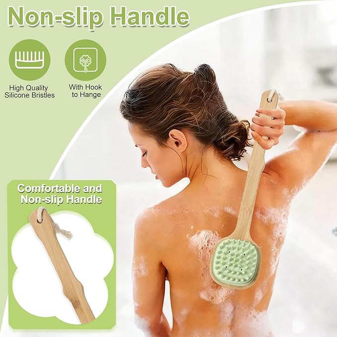 Silicone Back Scrubber for Shower, Silicone Bath Body Brush Loofah with Long Handle, Dual-Sided Shower Brush for Body, Green Exfoliating Body Scrubber for Men Women, Back Washer for Men with Hook