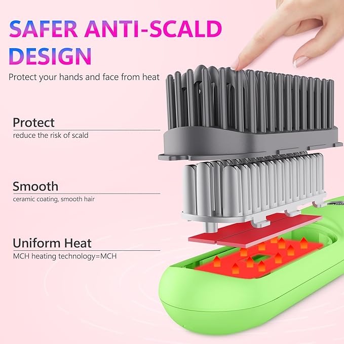 LCD Screen Cordless Hair Straightener Curler 2 in 1, Portable Mini Hair Straightening Brush for Travel Negative Ionic Fast Heating Hot Comb for Women, Folding Brush with Mirror, Green