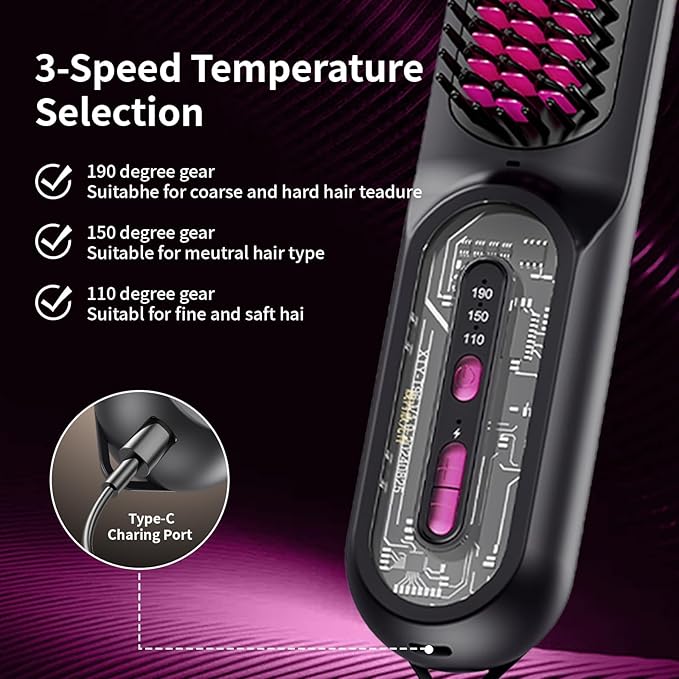 Travel Brush for Women, Portable Cordless Hair Straightener Brush, Mini Hair Straightener with 9600mAh Battery, Fast Charging & 100M Negative Ions - Cordless Portable Styler for On-The-Go (Black)