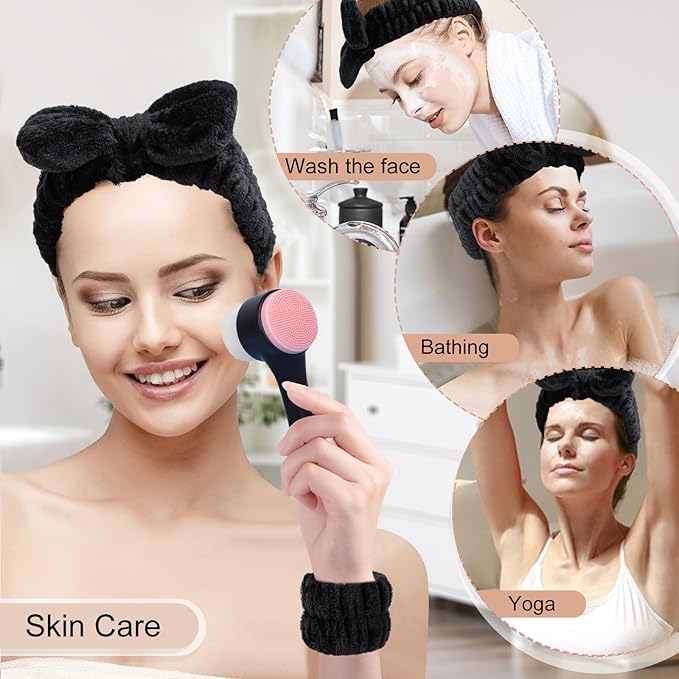 Facial Cleansing Brush 2 in 1, Silicone Face Scrubber Dual Face Brush for Deep Pore Cleansing and Exfoliating, Skincare Headband and Wristbands Set for Washing Face, Massaging Spa Makeup,Black