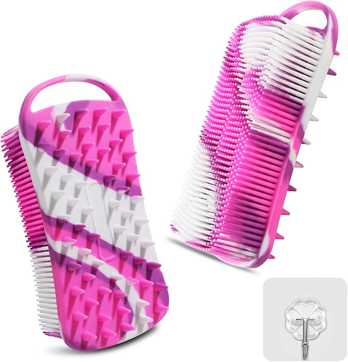 Silicone Body Scrubber, 2 in 1 Body Brush & Hair Scalp Brush for Shower and Bath, Easy Clean, Lathers Well, Stimulating Blood Circulation More Hygienic Than Loofah, Fit Women Men.Camo Purple