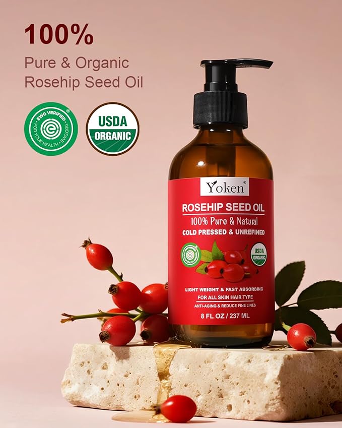 Rosehip Seed Oil Organic, USDA Certified 100% Pure Rosehip Oils for Face, Hair & Body, 8 fl oz Cold Pressed Rose Hip oil for Skin Moisturizing, Scar Fading, Gua Sha, Massage, Carrier Oil DIY