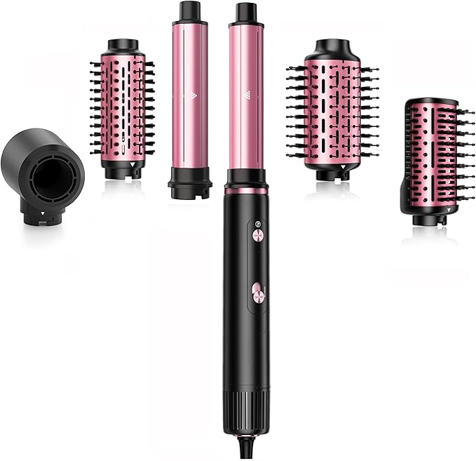 SKIMI 110,000 RPM Brushless Motor Hair Dryer Brush - 5 Muti-Styler for Fast Drying, Curling, Volumizing & Straightening | High-Speed Hot Air Brush for All Hair Types (Black & Blush Red)