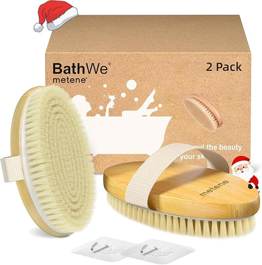 Metene 2 Pack Dry Body Brushes, Exfoliating Body Scrubbers, Natural Bristles for Dry Skin, Improve Circulation, Stop Ingrown Hairs, Reduce Acne and Cellulite (G7130)