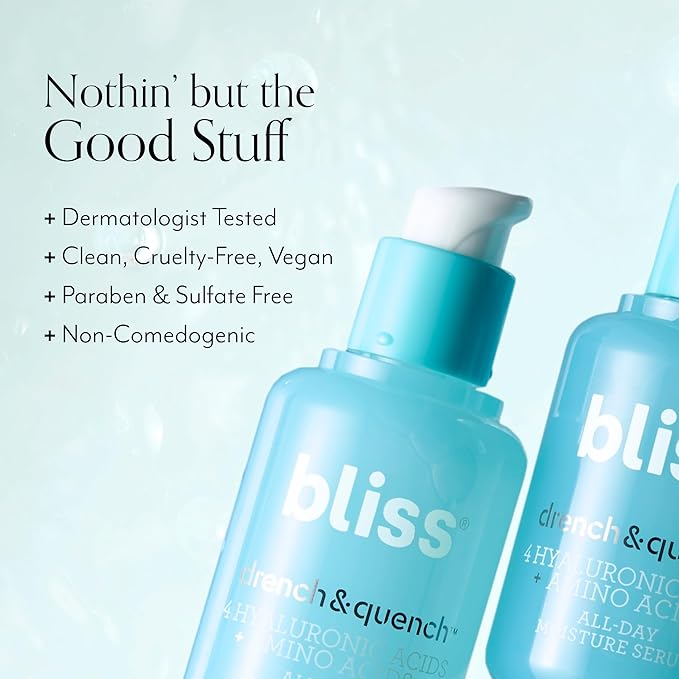 Bliss Hyaluronic Acid Drench & Quench Facial Serum – Hydrating Serum for Dry, Sensitive Skin - Lightweight Gel Formula for Deep Hydration & Plump Skin - Clean, Cruelty-Free - 1 Fl Oz