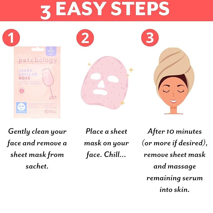 Patchology Serve Chilled Rosé Facial Sheet Mask - Hydrating & Soothing Face Mask with Hyaluronic Acid for Glowing Skin, Rosé Scented Skin Care Treatment, Self-Care Spa Experience at Home - 2 Pairs