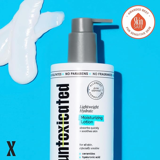 Untoxicated Moisturizing Lotion - Daily Face Moisturizer & Body Lotion for Sensitive Skin - Ceramides & Hyaluronic Acid - No Common Irritants - Non-Comedogenic - Oil-Free - Fragrance Free - 10 Ounce