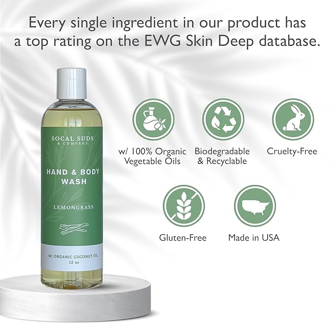 SoCal Suds & Company - 12oz Organic Soap Liquid, Gentle Hand & Body Wash, Organic Body Wash for Men and Women, Made w/Organic Oils & Coconut Oil, Bath Essentials for All Skin Types - Lemongrass