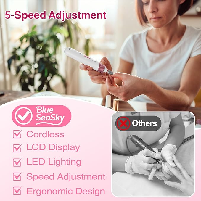 Professional Electric Nail Drill 2000mAH Portable Cordless Electric Nail File 10 in 1 Manicure Pedicure Kit ,5-Speeds Toe Nail Tools Hand Foot Care,Thick Toenail Grinder for Women Men Pets (Pink)