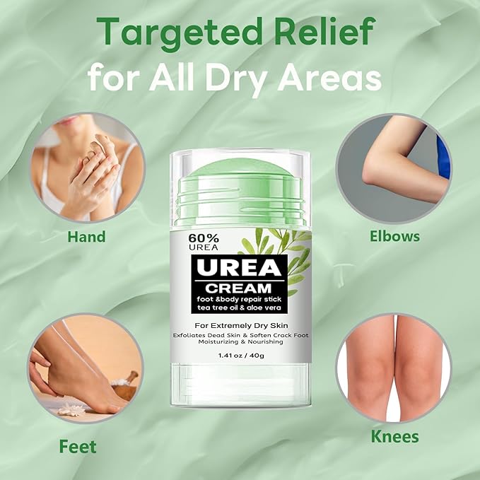 60% Urea Cream Stick with Tea Tree Oil & Aloe Vera, Maximum Strength Foot Cream for Dry Cracked Heels, Feet Callus Remover, Dead Skin Exfoliator, Moisturizing Lotion for Hands, Knees, Elbows - 1.41oz