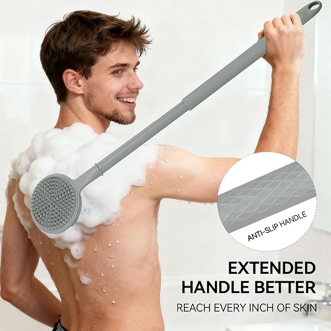 Back Scrubber for Shower, (16-24 Inch) Extendable Bath Brush Long Handle for Shower, Silicone Body Scrubber with Handle, Back Brush for Shower Men and Women,Easy to Clean (Gray)