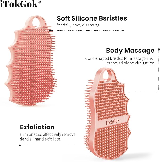 Silicone Body Scrubber Silver-Infused Dual-Sided 3-in-1 for Shower, Body Cleaning+Massage+Exfoliator Body Brush Buffer for Men and Women, Silicone Loofah, Non-Slip Handle (Pink)