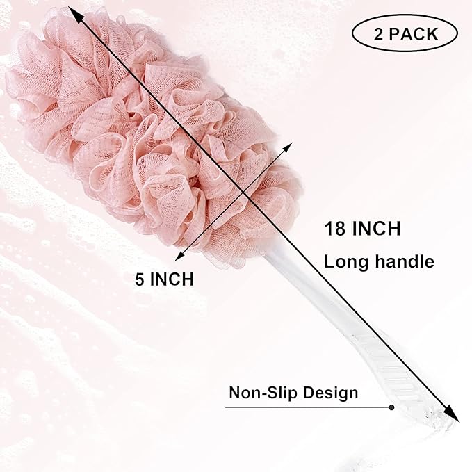 PPHAO - Back Loofah on a Stick for Men - Bath Brush Long Handle for Shower Elderly - Loofah Sponge for Women - Plastic Loofah - Bath Body Brush - Pink Loofah - 2Pack