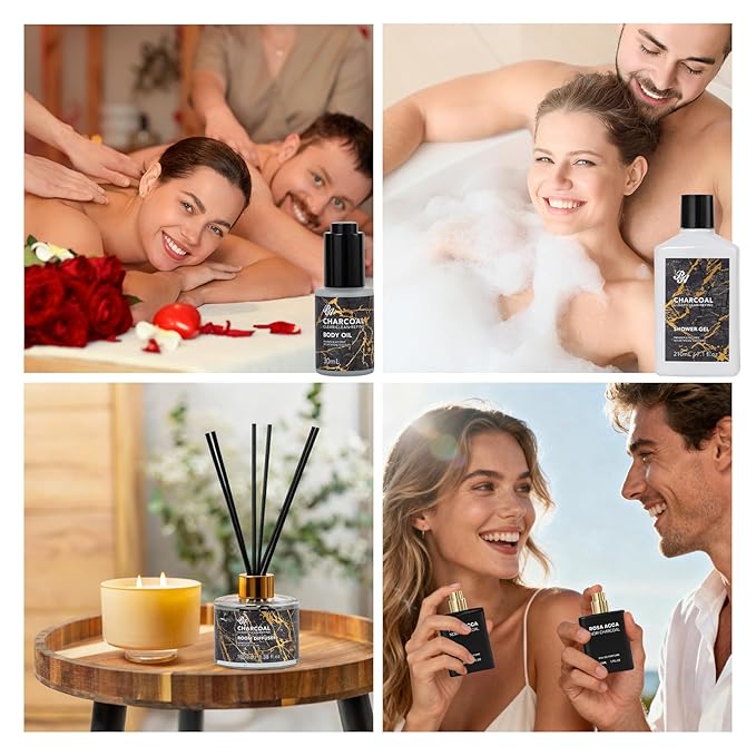35 Pcs Christmas Gifts for Women & Men, Charcoal Bath & Body Gift Basket, Face Skin Care Kit, Self-Care Gift, Diffuser, Shower Gel, Massage Oil, Bath Bomb, Birthday, Valentines, Mother Day, Husband