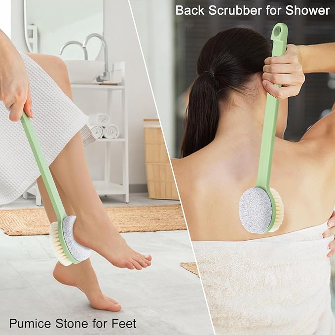 Pumice Stone for Feet and Shower Brush with Long Handle 14", Hard Skin Callus Remover, 2 in 1 Foot Scrubber Brush, Back Scrubber Body Brush for Shower Deep Cleansing and Exfoliating (Straight)