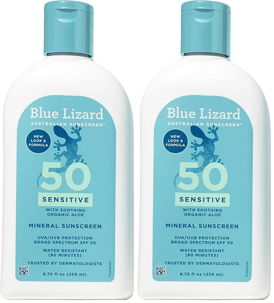 Blue Lizard SENSITIVE Mineral Sunscreen with Zinc Oxide, SPF 50+, Water Resistant, UVA/UVB Protection with Smart Bottle Technology - Fragrance Free, 8.75 oz. (Pack of 2)